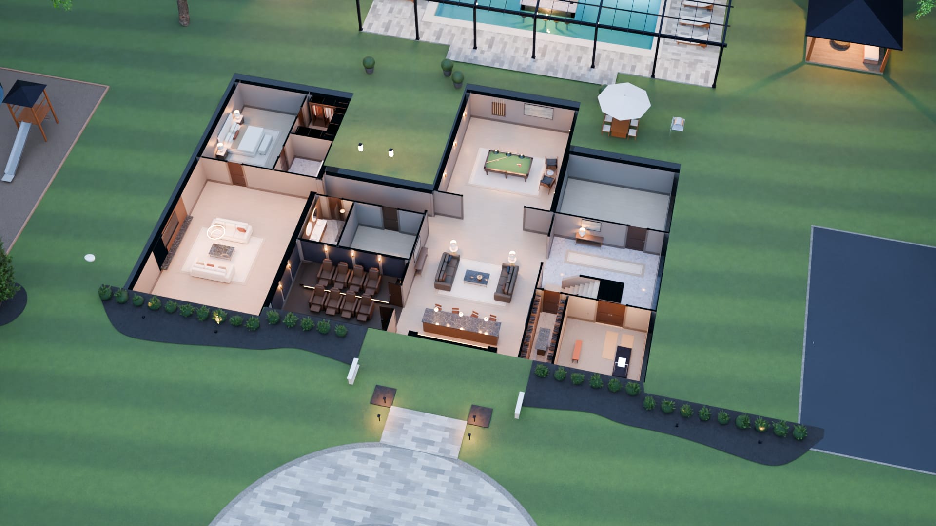 The Traditional House seen from above with everything over the lower level taken away, 8:35 pm.