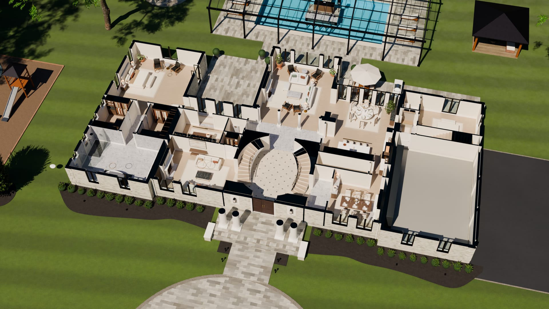 The Traditional House seen from above with everything over the main floor taken away, 2:45 pm.