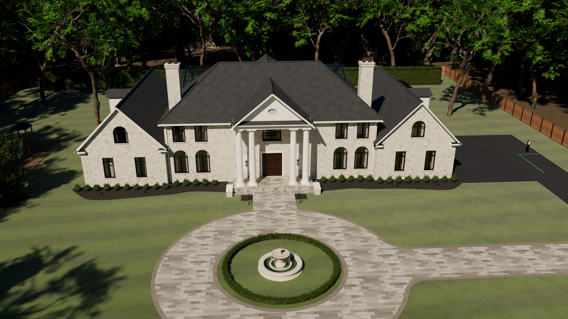 The Traditional House in the afternoon, seen from above the drive: sun on the entrance front and the striped lawn.
