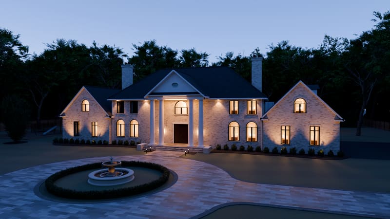 The entrance front at dusk of the Traditional House, a house drawn by Noble's Crest (rendered illustration).