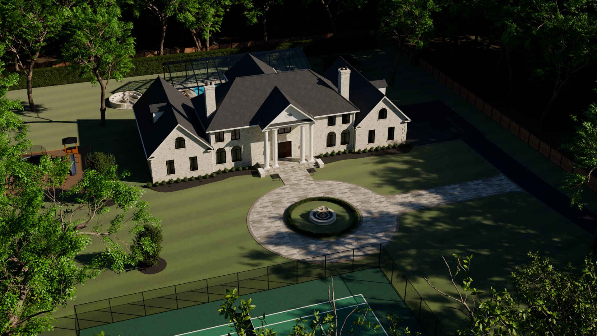 The Traditional House from above in morning light: the entrance front lit from the south-east, long tree shadows across the drive, the court in the foreground.