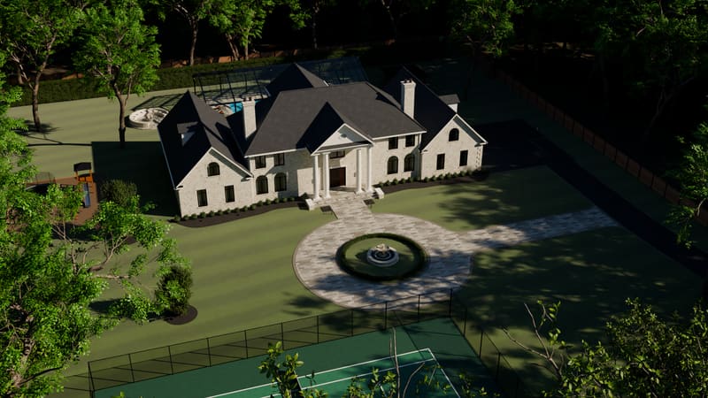 From over the drive, in the morning of the Traditional House, a house drawn by Noble's Crest (rendered illustration).