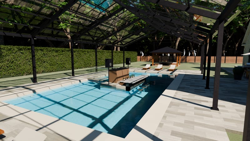 The pool, under its glass roof of the Traditional House, a house drawn by Noble's Crest (rendered illustration).