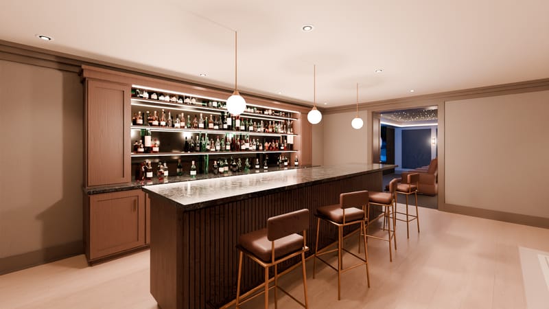 The bar, on the lower level of the Traditional House, a house drawn by Noble's Crest (rendered illustration).