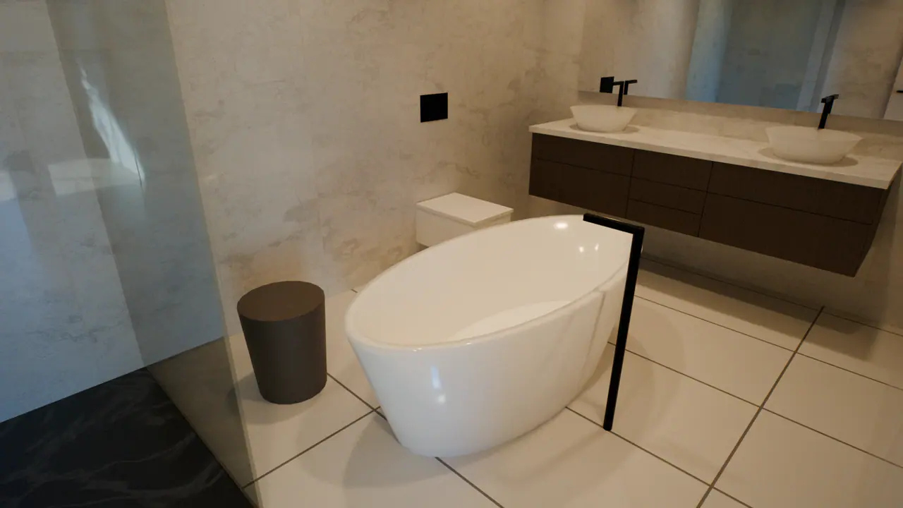 The bathtub in the bedroom 5's bath of the Family House, in a frame of its walk.