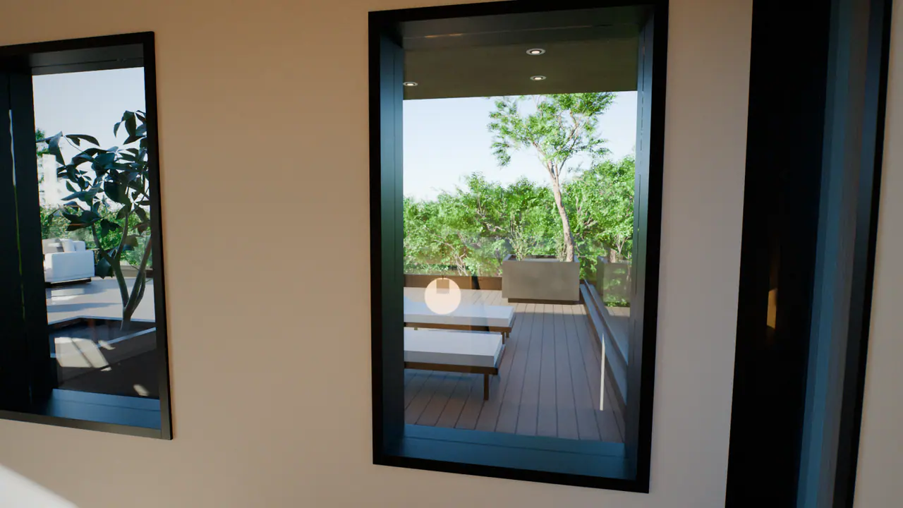 The outdoor chaise lounges in the up to the roof of the Family House, in a frame of its walk.