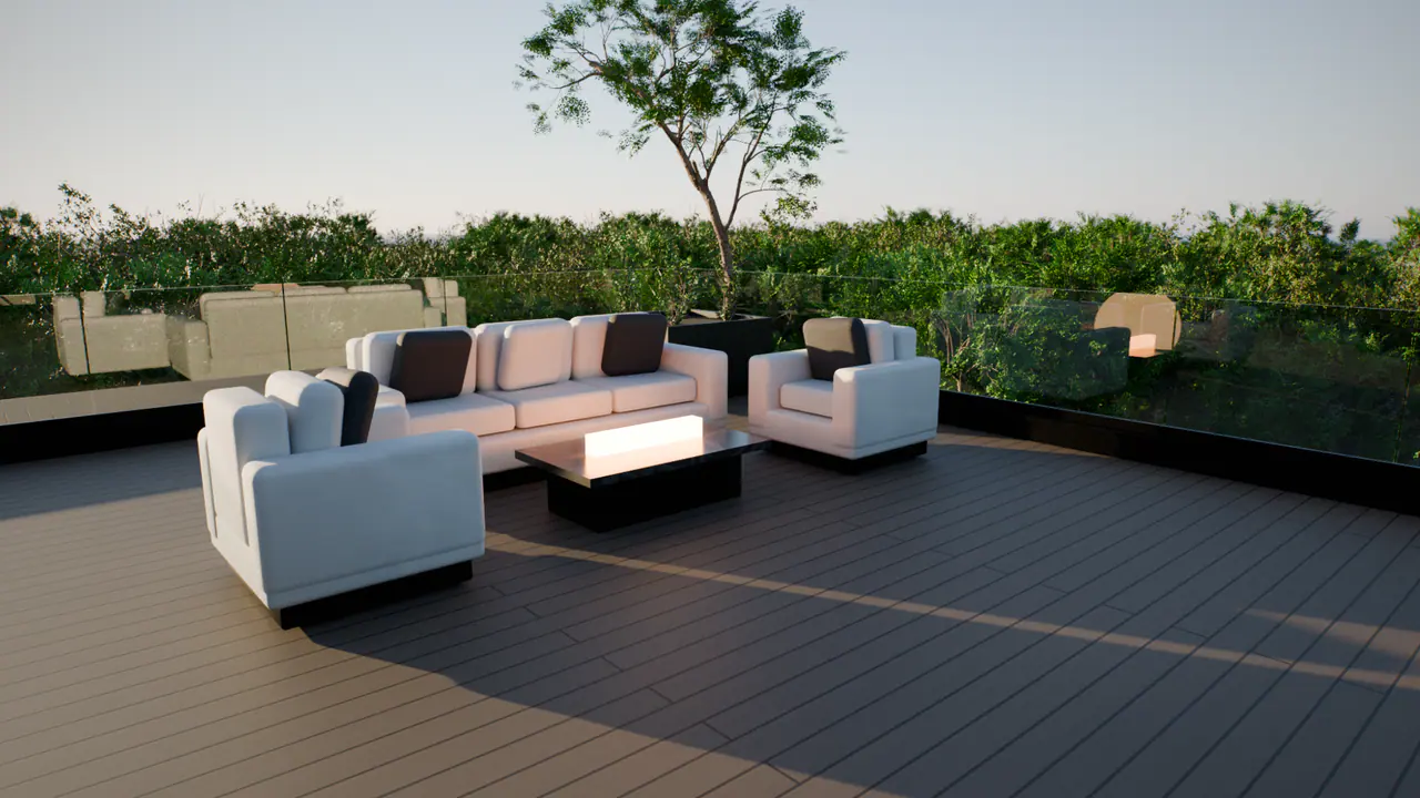 The outdoor lounge chairs in the roof terrace of the Family House, in a frame of its walk.