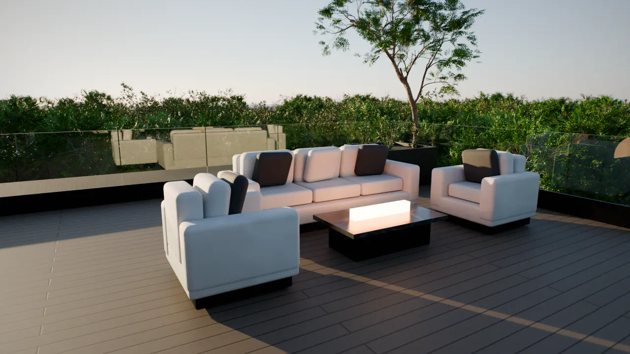 The outdoor sofa in the roof terrace of the Family House, in a frame of its walk.