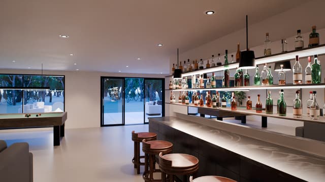 The recreation room, on the lower level — the Family House, a house modelled by Noble's Crest (rendered illustration).