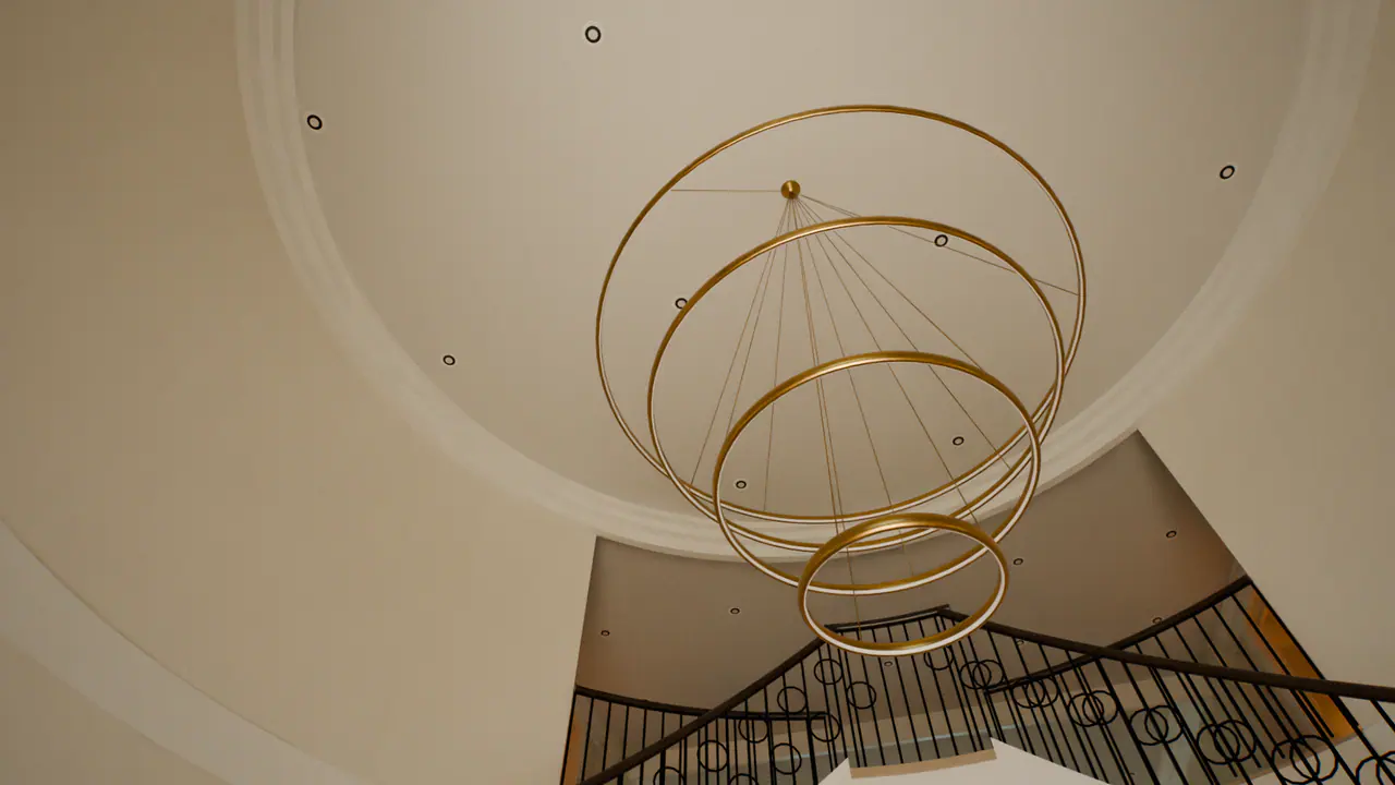 The interior lighting in the entrance hall of the Traditional House, in a frame of its walk.