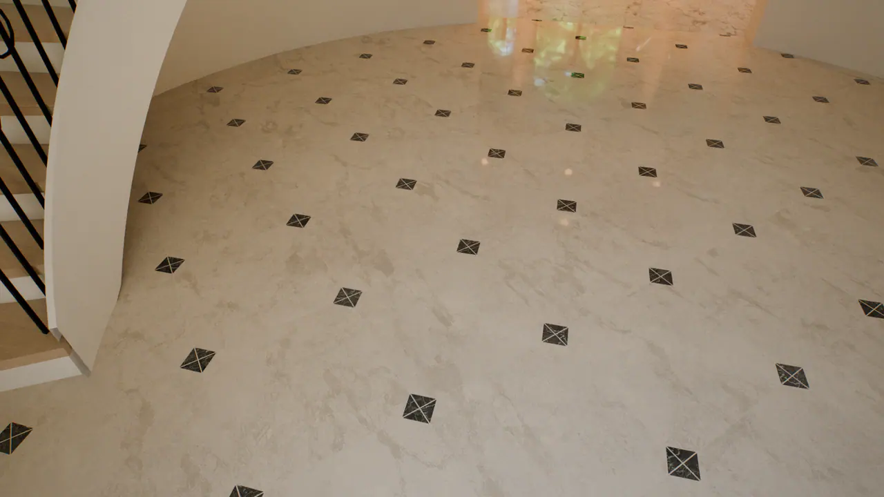 The interior flooring in the entrance hall of the Traditional House, in a frame of its walk.