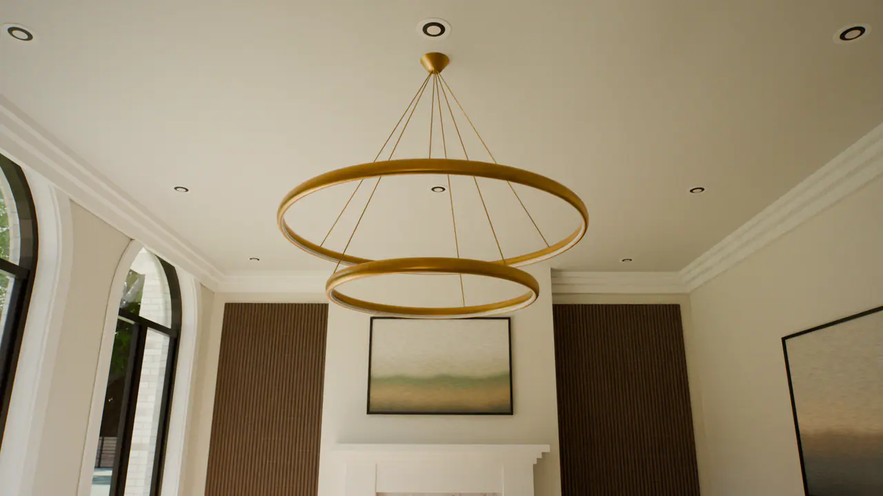 The rings of light in the living room of the Traditional House, in a frame of its walk.