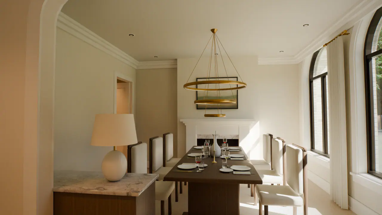 The rings of light in the dining room of the Traditional House, in a frame of its walk.