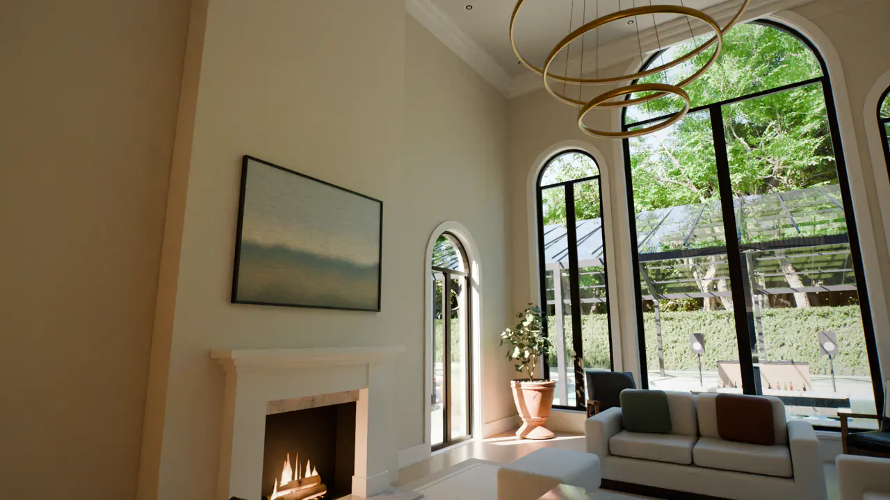 The rings of light in the great room of the Traditional House, in a frame of its walk.