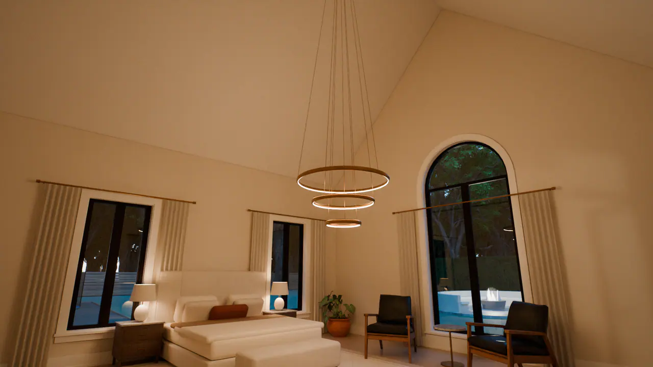 The rings of light in the primary bedroom of the Traditional House, in a frame of its walk.