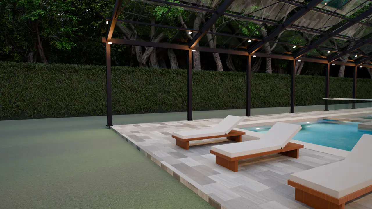 The outdoor furniture in the the west court of the Traditional House, in a frame of its walk.