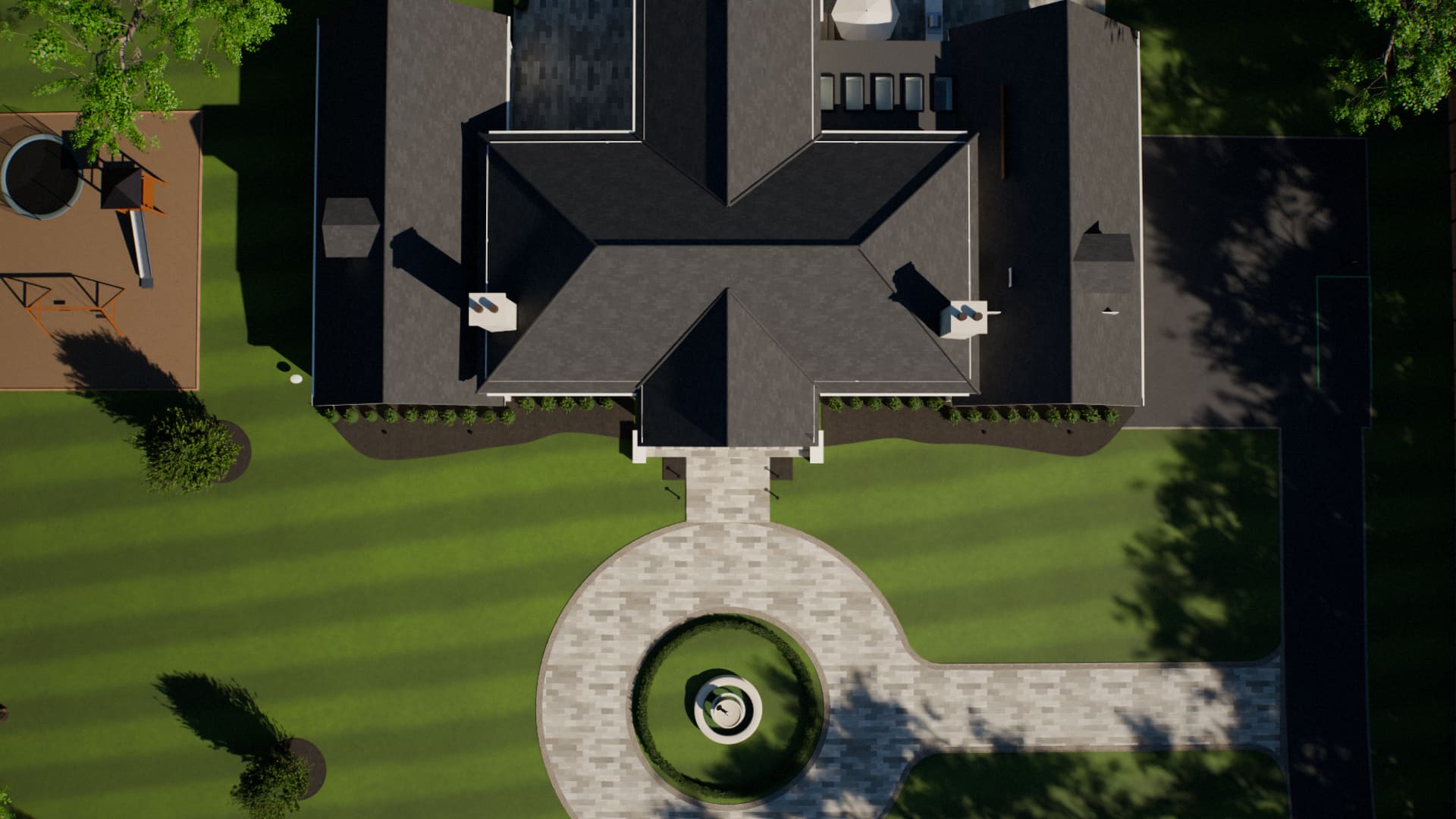 The Traditional House seen from directly above in morning light, before its roof is lifted off: a painted-brick Georgian house with a four-column portico and gabled wings, a round drive with a fountain before it, a glass-roofed pool behind it, a play area and a court in its grounds, set in woodland.